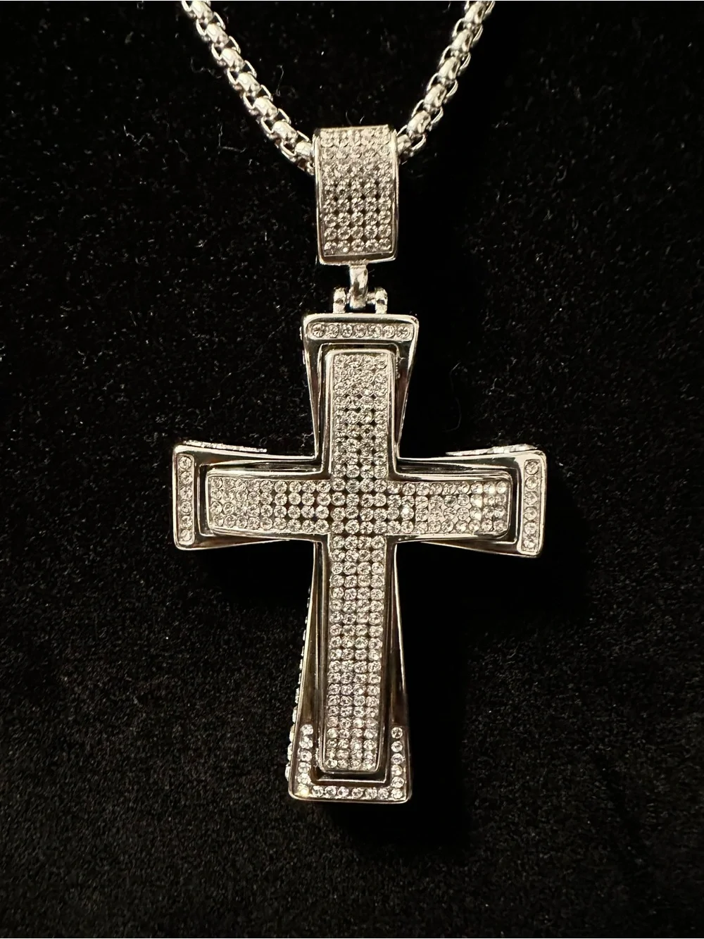 Silver Pave Cubic Zirconia Cross Pendant Necklace for Men